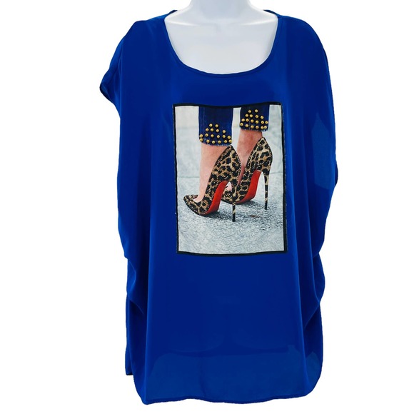 A'JUMMA Tops - A'JUMMA Blue Graphic Leopard Heels Print Cap Sleeve Tunic Plus Size 3X